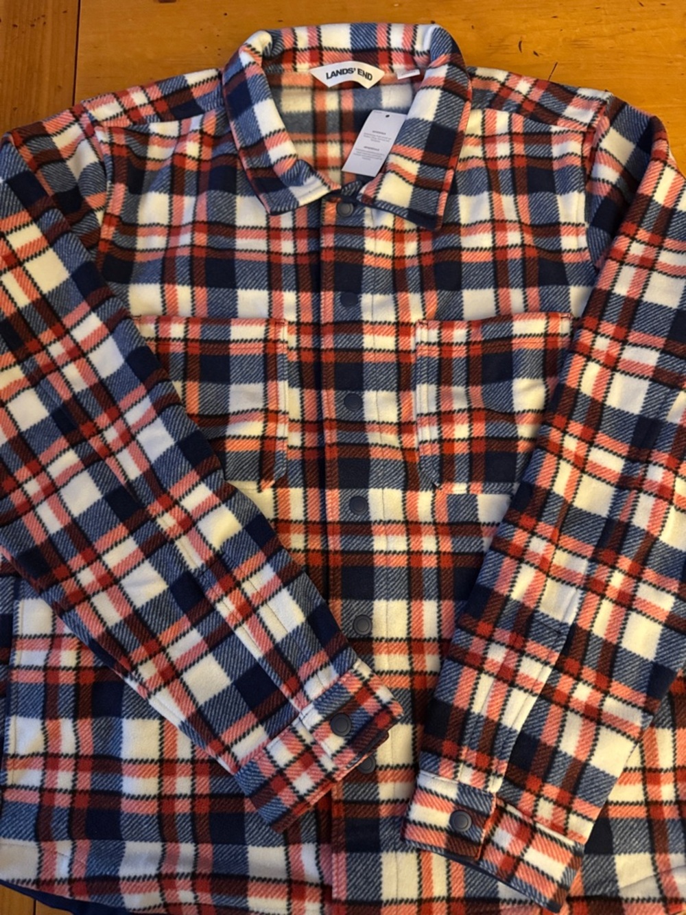 Lands' End Navy, Red & White Plaid Fleece Shacket